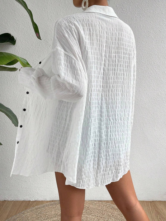 Drop Shoulder Button Front Kimono,Long Sleeve Tops