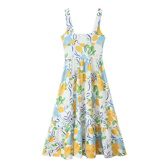 Blended Linen Printing Midi Skirt Dress