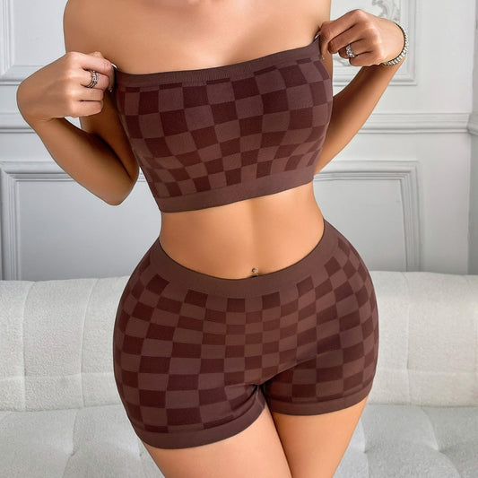Grid Word Wrap Bandeau And Boxer Shorts Set