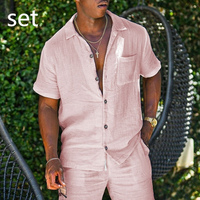 Men's Solid Color Short-sleeved Cotton And Linen Lapel Shirt
