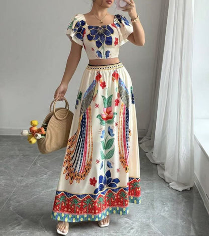 Printed Casual Vacation Bohemian Short-sleeved Top And Long Skirt Ladies Set