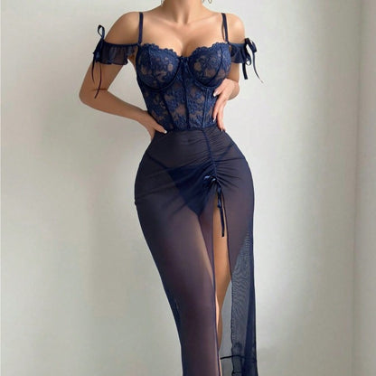 Navy Blue Sexy Lingerie Set Long Dress Split