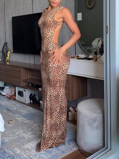 Backless Leopard Print Maxi Dress