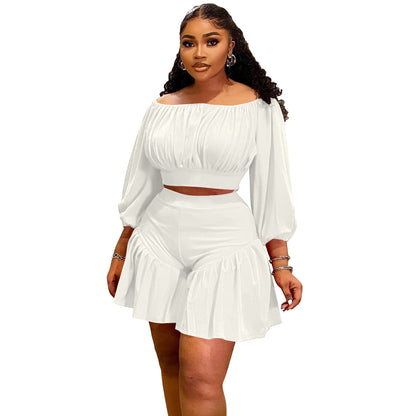 Pleated One-shoulder Puff Waist-casual Two-piece Set