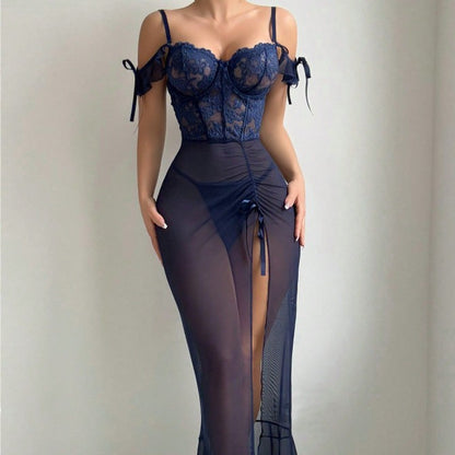Navy Blue Sexy Lingerie Set Long Dress Split